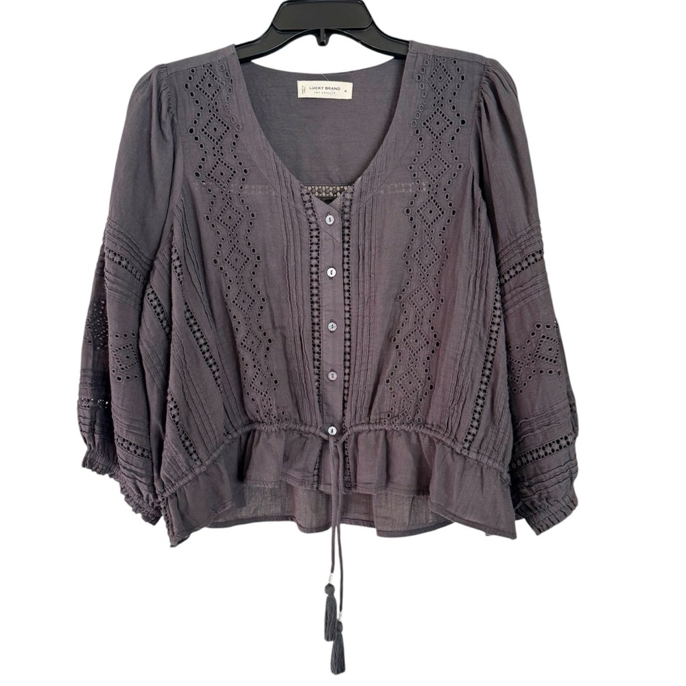 NWT Lucky Brand Boho Charcoal Gray Cotton Eyelet Button-Up 3/4 Sleeve Blouse Top